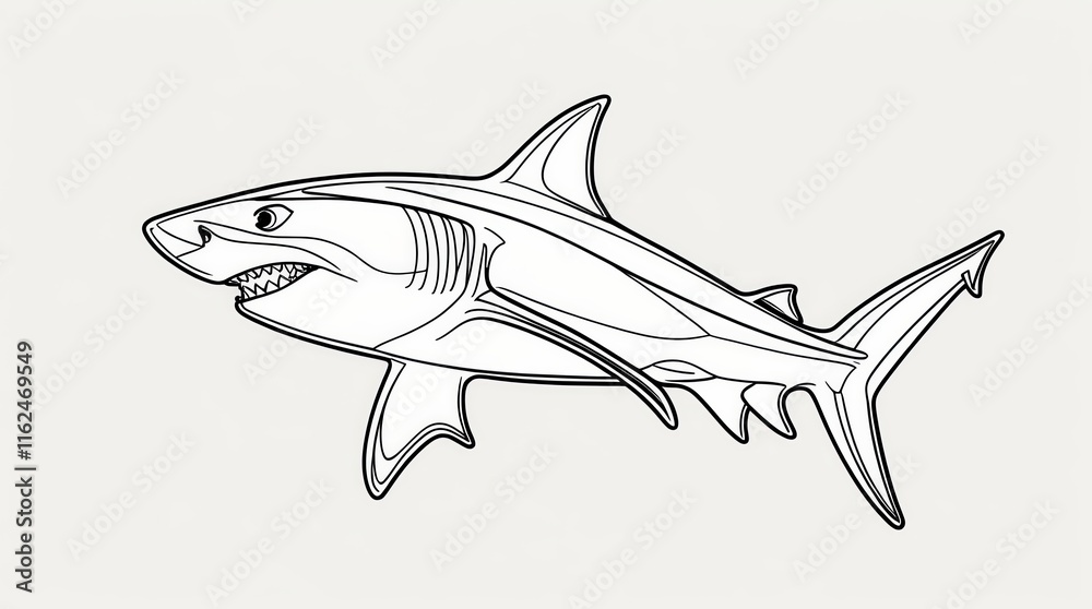Obraz premium A striking monochrome line art illustration of a powerful shark with open jaws and sharp teeth