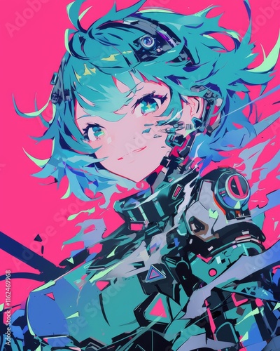 Cyberpunk Anime Girl with Teal Hair and Futuristic Armor