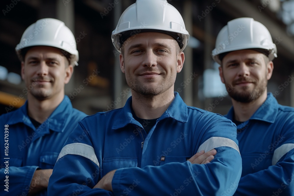 Team of smiling industrial workers in hard hats and uniforms Team of smiling industrial workers in hard hats and uniforms