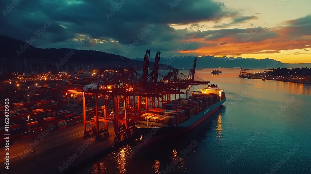 Global trade and logistics concept, cargo terminal loading shipping containers onto cargo ships at Vancouver marine terminal Global trade and logistics concept, cargo terminal loading shipping containers onto cargo ships at Vancouver marine terminal