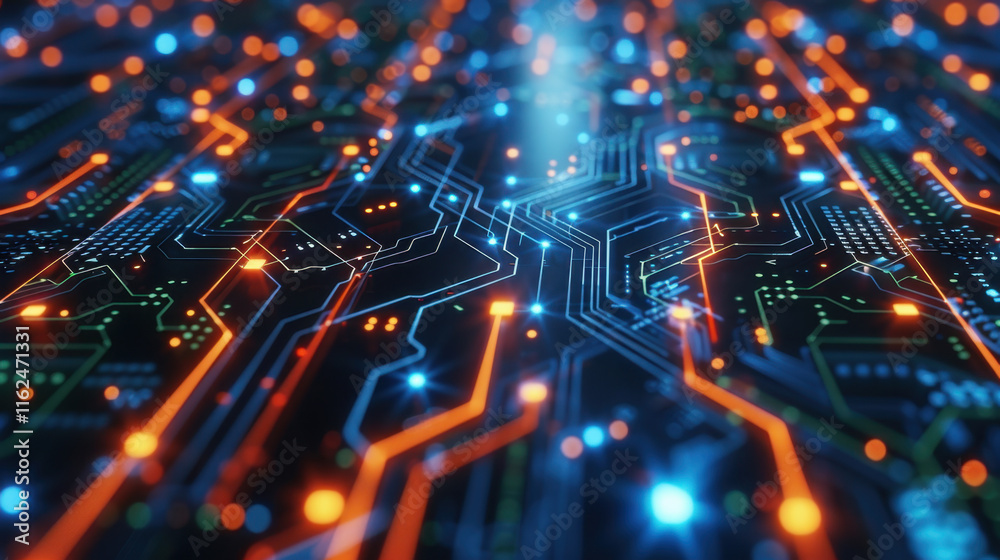A visually stunning futuristic circuit board with glowing orange and blue lines, representing advanced technology and interconnected networks on a dark backdrop.
A visually stunning futuristic circuit board with glowing orange and blue lines, representing advanced technology and interconnected networks on a dark backdrop.