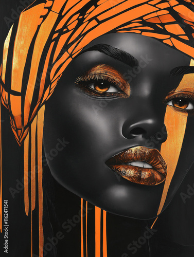 A bold and elegant African-inspired digital artwork featuring a woman with glowing orange makeup, intricate patterns, and a stunning black and orange headdress.
