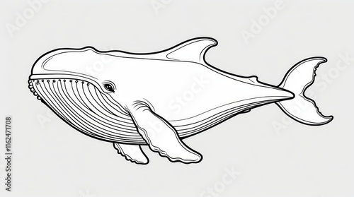 A detailed black and white illustration of a majestic whale swimming gracefully in the ocean suitable for drawing book. photo