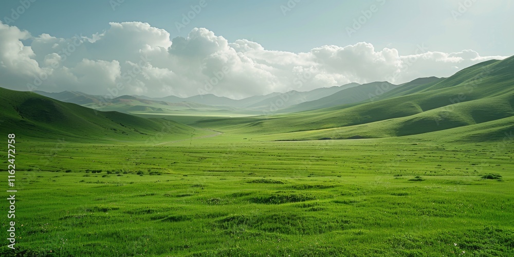 Fototapeta premium green field sky blue clouds