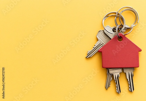 Bunch of keys on yellow background. Top view with copy space photo