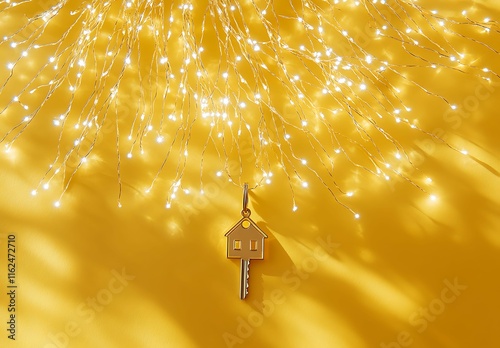 House key with glowing garland on yellow background. Real estate concept photo