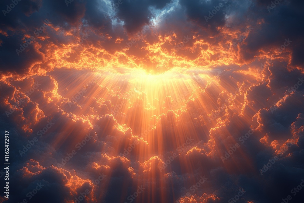 Obraz premium Heavenly light rays bursting through dramatic clouds.