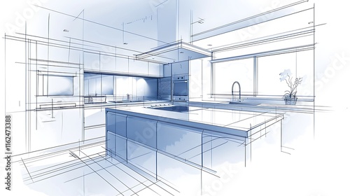 A blue-toned sketch of a modern kitchen interior. Features an island, cabinetry, and appliances depicted with line work. Represents architectural design or interior planning.

