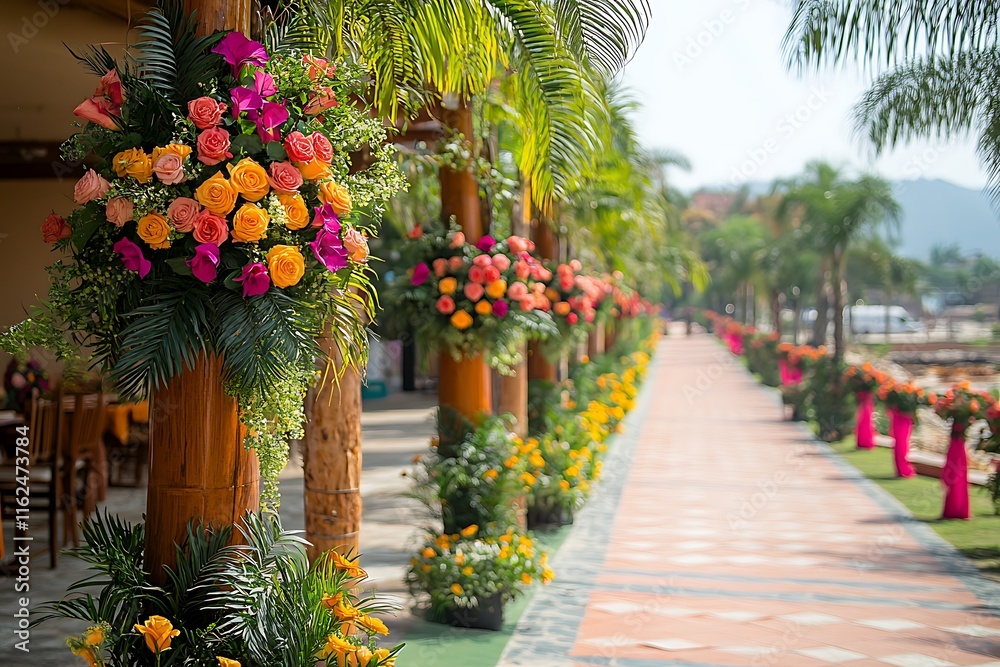 Obraz premium Colorful floral arrangements adorn a walkway