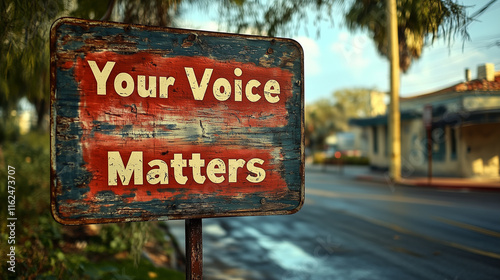 A weathered sign stands on the roadside, proclaiming that every individual’s voice is important. The setting is a tranquil neighborhood bathed in soft morning light. photo