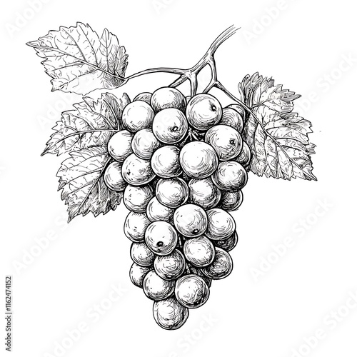 Hand-drawn illustration of a bunch of grapes with leaves, perfect for wine labels, culinary designs, or vintage illustrations.