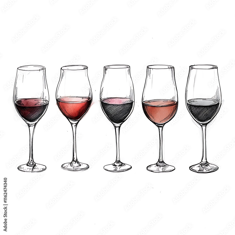 Hand-drawn illustration of five wine glasses showcasing a variety of red wine shades. Hand-drawn illustration of five wine glasses showcasing a variety of red wine shades.
