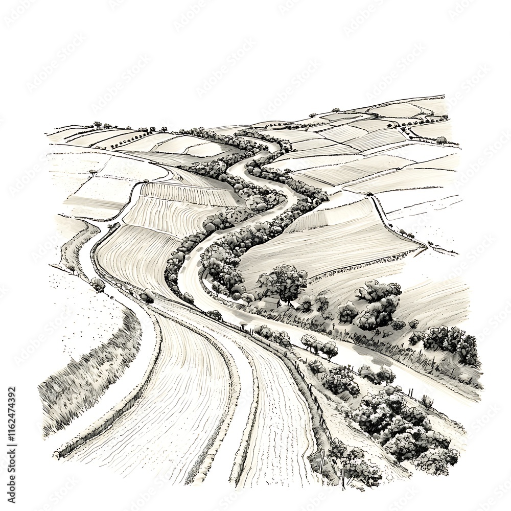 Obraz premium Aerial View Sketch of a Winding Road Through Rolling Farmlands.