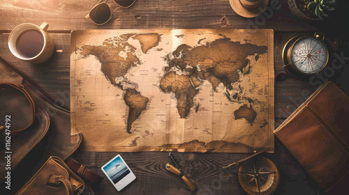 Flat lay background featuring a vintage map spread across a rustic wooden surface, surrounded by travel essentials