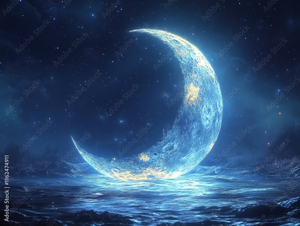 Fototapeta premium Glowing crescent moon over a tranquil, dark, blue landscape.