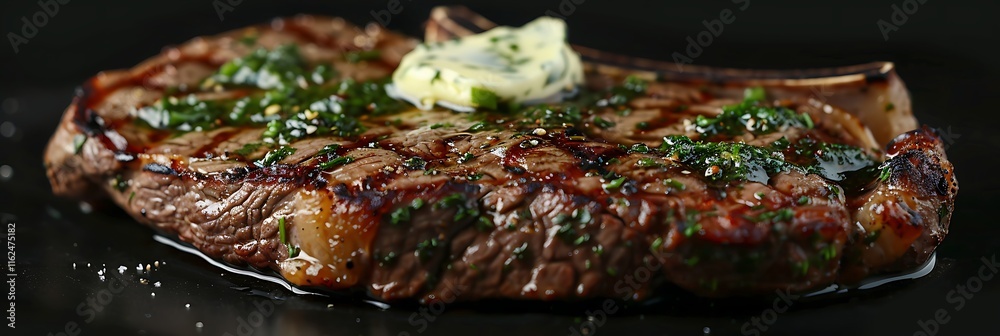 Grilled steak topped with butter and herbs on a dark surface. A juicy, flavorful meal, ideal for food and culinary themes. Grilled steak topped with butter and herbs on a dark surface. A juicy, flavorful meal, ideal for food and culinary themes.