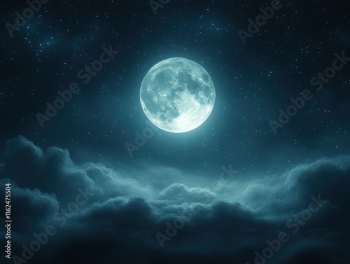 Wallpaper Mural Full moon shining brightly over a layer of clouds at night with stars. Torontodigital.ca