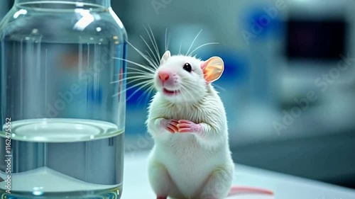 a white lab mouse with pink ears and a nose. She stands on her hind legs next to a transparent glass jar, the background is blurred, which gives the impression of a laboratory environment. The mouse l photo