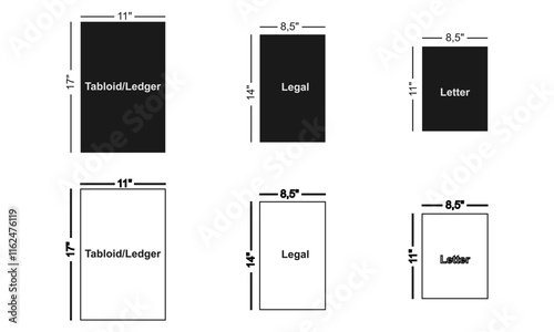 Paper sizes tabloid ledger legal letter set vector illustration isolated on white background.