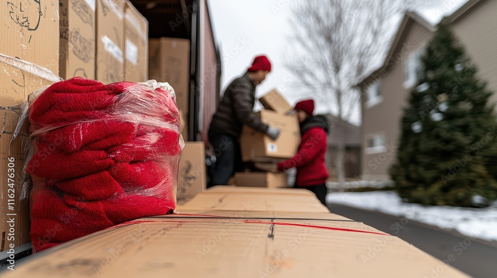 Obraz premium Donation Center Disaster Concept, Community Members Helping to Unload Truck Filled with Boxes in Winter Season