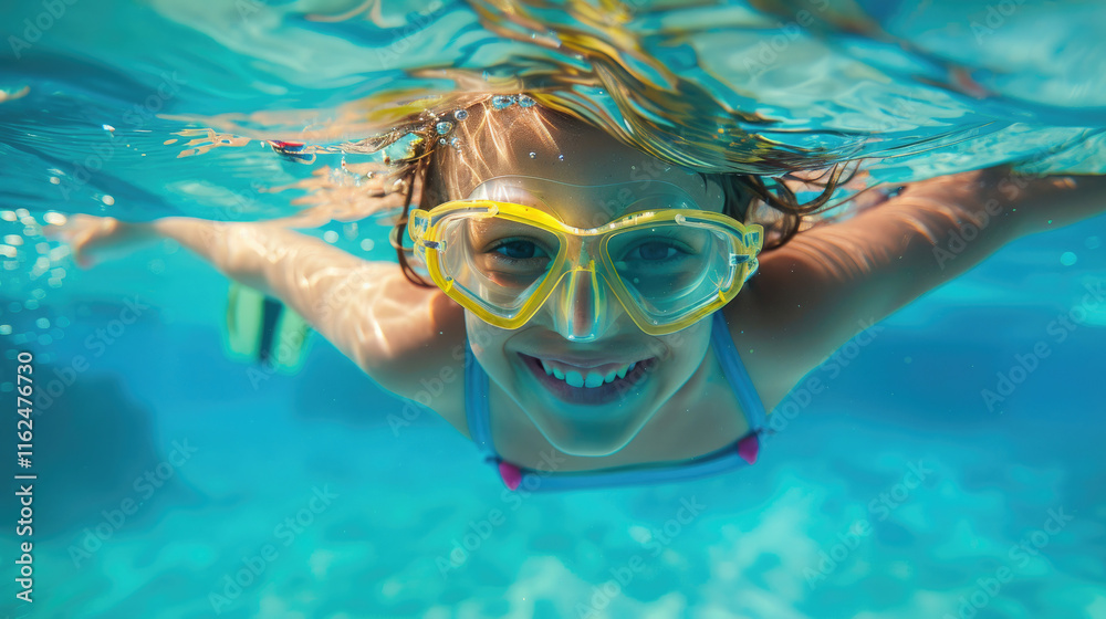 Naklejka premium Young swimmer enjoys diving underwater with goggles in a bright blue pool during a sunny day