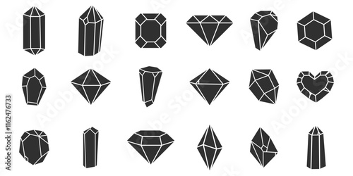 Crystal gemstone polygon stone, contour gem, polyhedron minimal. Elegant outline geometric quartz, jewel. Mineral linear icon.