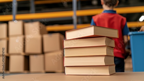 Donation Center Disaster Concept, Donation of School Supplies Including Books Being Packed in a Warehouse Setting for Distribution to Students photo