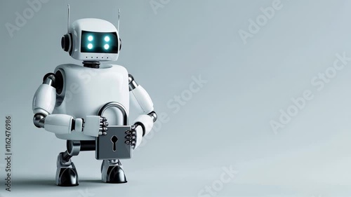 White robot with glowing eyes holds a padlock, concept of cybersecurity and data protection, privacy on Internet. Seamless loop, grey background with copy space.
