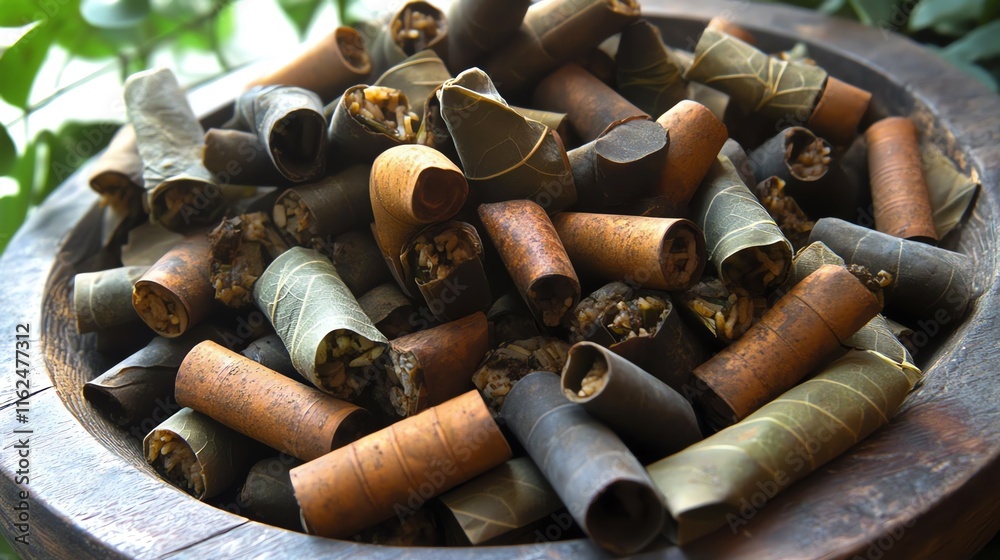A collection of rolled leaves filled with ingredients, possibly for traditional use. A collection of rolled leaves filled with ingredients, possibly for traditional use.