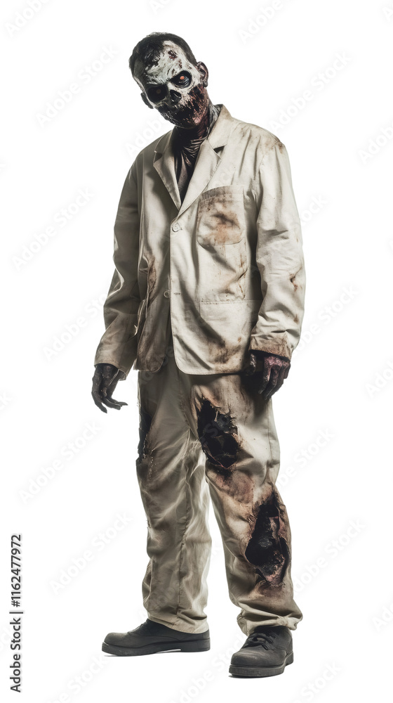 Male zombie doctor with bloody lab coat and torn trousers is standing still on transparent background, ideal for Halloween projects Male zombie doctor with bloody lab coat and torn trousers is standing still on transparent background, ideal for Halloween projects