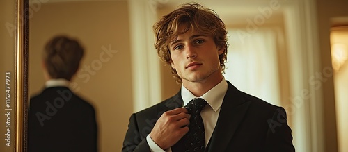 Handsome young man in suit adjusts tie, reflected in mirror.