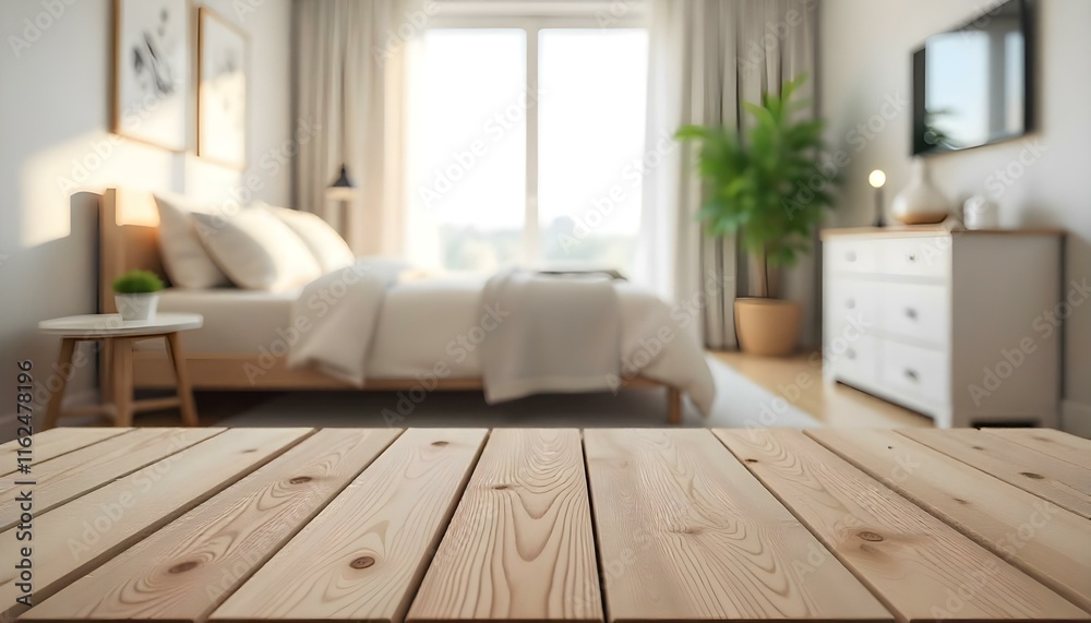 A wooden table in a bedroom with a blurred bed in the background A wooden table in a bedroom with a blurred bed in the background