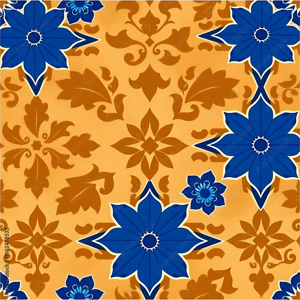 Fototapeta premium Floral Damask Pattern in Blue and Orange: A seamless pattern featuring intricate, stylized blue flowers with orange floral motifs on a warm, yellow background.