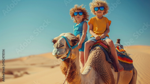 Two children ride a camel in a sunlit desert with blue skies during a joyful outdoor adventure photo