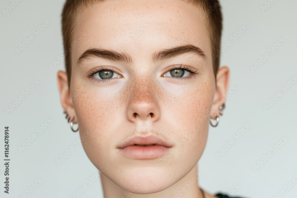 Close-up portrait of a non-binary individual with short hair, freckles, and piercings, expressing confidence and individuality Close-up portrait of a non-binary individual with short hair, freckles, and piercings, expressing confidence and individuality
