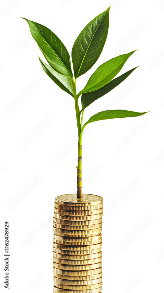 Small plant growing from stack of coins, suggesting financial growth, on a transparent background Small plant growing from stack of coins, suggesting financial growth, on a transparent background