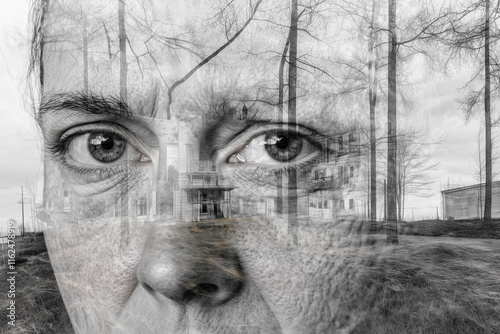 Wallpaper Mural Abstract black and white composition blending a human face with a desolate urban landscape and leafless trees Torontodigital.ca