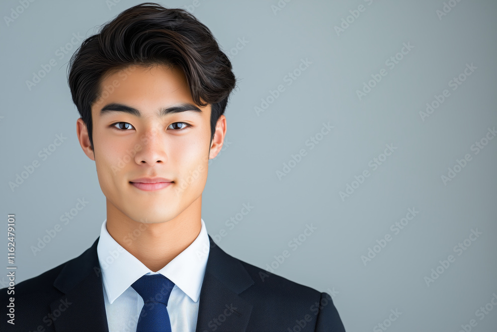 A professional headshot of a 20-year-old Japanese salaryman in a crisp dark suit and blue tie, exuding confidence and poise A professional headshot of a 20-year-old Japanese salaryman in a crisp dark suit and blue tie, exuding confidence and poise