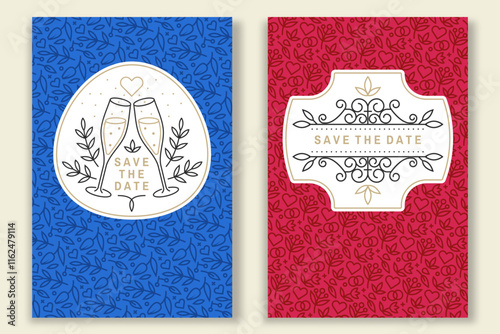 Wedding invitation card, flyer, poster, banner. Vector. Thin line geometric badge. Design templates and elements for save the date invitation card design. Modern minimalist design with champagne glass