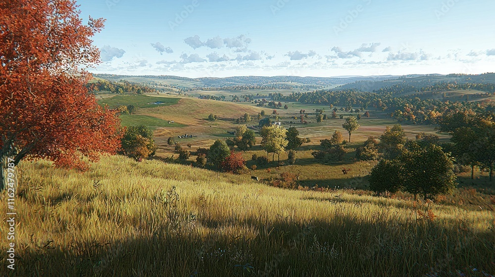 Fototapeta premium Serene autumn landscape with rolling hills and trees.