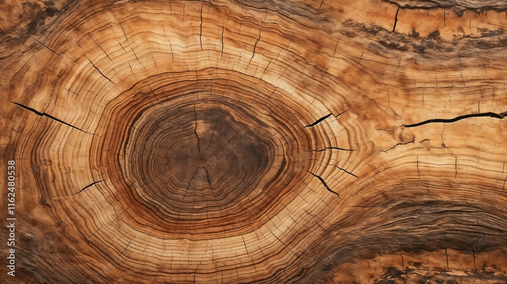 Naklejka premium Tree Trunk Cross-Section with Visible Growth Rings and Cracks.Wood texture, tree rings, age and growth, natural patterns, woodworking, rustic, organic material, environmental design.Growth. Nature's H