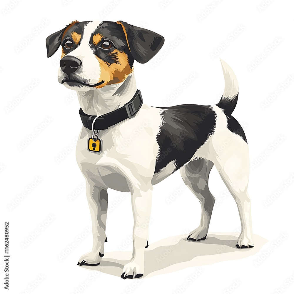 A Striking Portrait of a Jack Russell Terrier, Standing Proudly with a Collar and Tag. A Striking Portrait of a Jack Russell Terrier, Standing Proudly with a Collar and Tag.