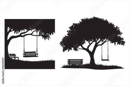 Minimalist Silhouette Design: Swing Hanging from a Tree and Bench Below