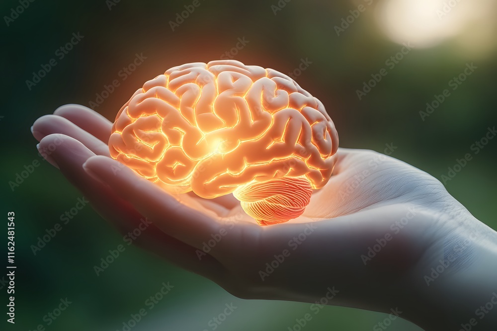 glowing brain held in a hand, symbolizing knowledge and thought. glowing brain held in a hand, symbolizing knowledge and thought.