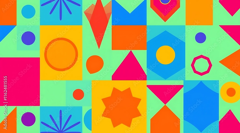 Fototapeta premium Vibrant Geometric Pattern: A playful explosion of color and shape. This cheerful, modern design features a mix of geometric elements in a bright, joyful palette. Perfect for backgrounds, branding.