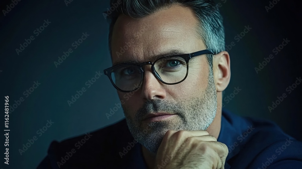 Fototapeta premium Thoughtful man with glasses in dimly lit setting showing confidence and introspection