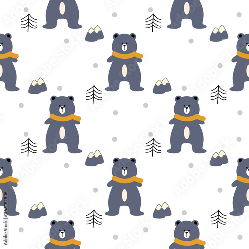 Gray bear scarf cartoon so cute. On tree mountain Snow White background. Pattern seamless vector illustration. 
