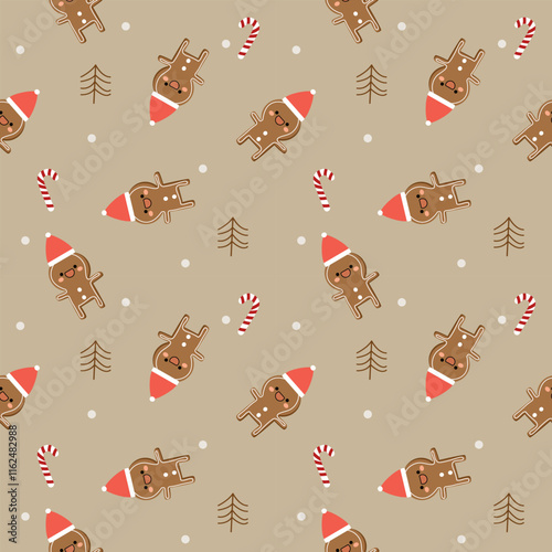 Gingerbread cookies cartoon so cute. On candy cane tree snow brown background. Merry Christmas.  Pattern seamless vector illustration. 