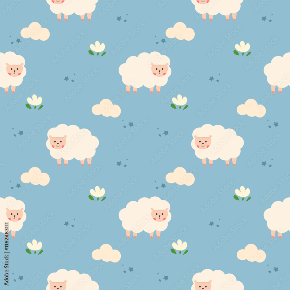 Naklejka premium Sheep cartoon so cute. On cloud flower star light blue background. Pattern seamless vector illustration. 