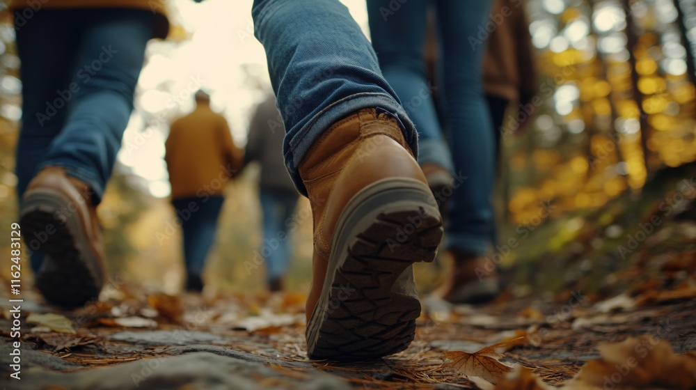 People Walking on a Trail Surrounded by Autumn Leaves in a Forest Setting People Walking on a Trail Surrounded by Autumn Leaves in a Forest Setting
